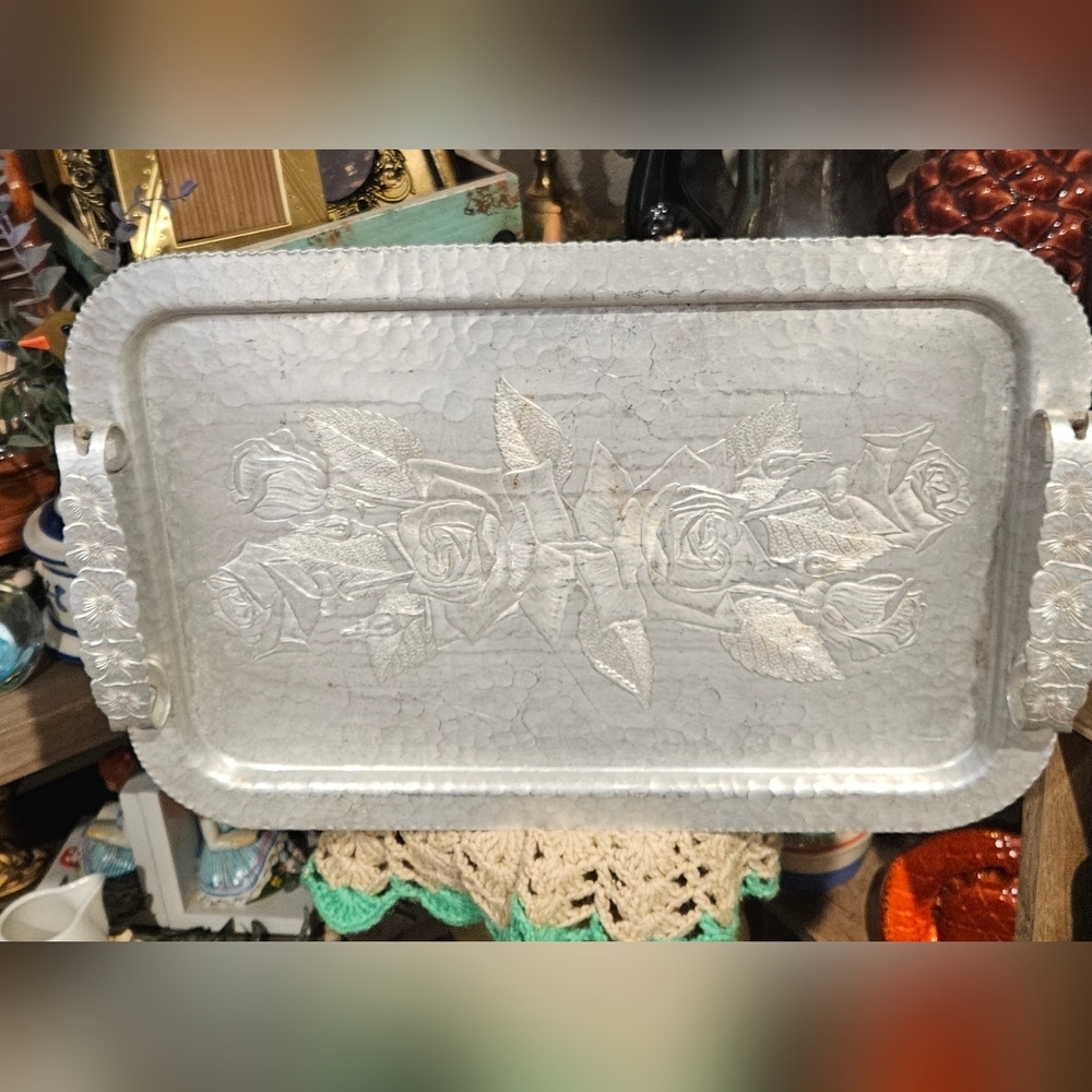 Vintage Hammered Metal Rose Serving Tray